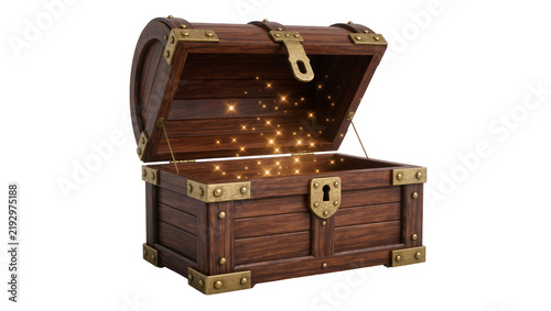 Konstfotografi Antique wooden treasure chest with brass fittings emitting golden sparkles, isol