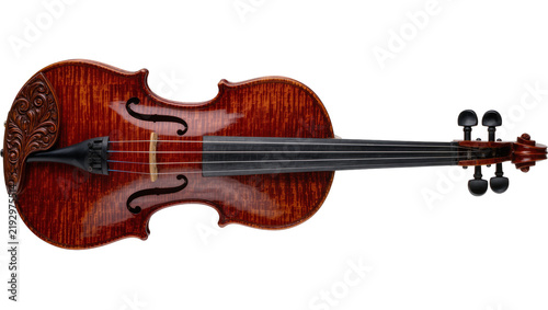 Obraz na plátne Ornate carved dark wood violin with four strings, isolated on transparent backgr