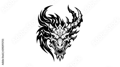 Black and white stylized dragon head tattoo graphic.
