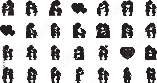 Set of black silhouettes showing mother and child or couple love and affection vector illustration of parent and kid together silhouette affection parenting togetherness relationship