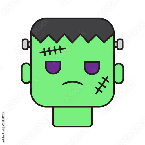 Green Frankenstein monster head color linear icon. Cute Halloween scary character with scars and bolts. Editable stroke.
