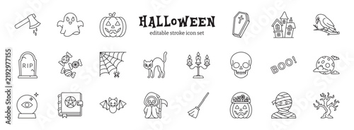 Set of 22 Halloween line icons with editable stroke including ghost, pumpkin, coffin, haunted house, cat, skull, witch broom, bat, and mummy.