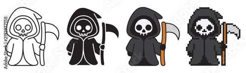 Grim Reaper icon set in line art with editable stroke, solid glyph, color filled and pixel style. Cute Halloween skull character isolated on white background.