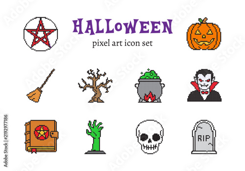 Halloween pixel art icon set. Vector illustration of retro 8-bit spooky objects including pentagram, pumpkin, broom, dead tree, cauldron, vampire, spell book, zombie hand, skull and gravestone.