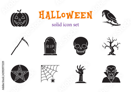 Halloween solid icon set. Vector illustration of black spooky objects including pumpkin, raven, scythe, gravestone, skull, dead tree, pentagram, spider web, zombie hand and vampire.