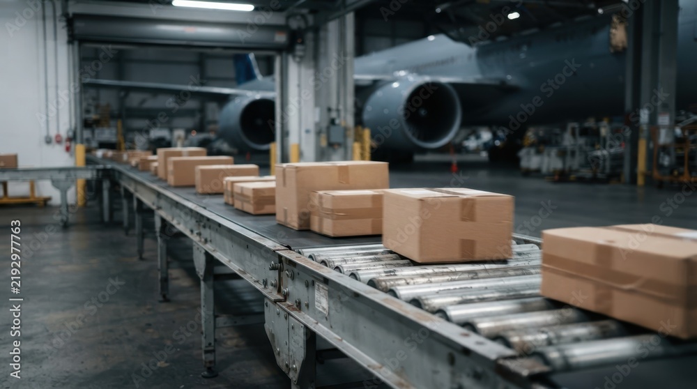 Fototapeta premium Parcels moving along a warehouse conveyor with a cargo jet engine visible in the background at an airfreight facility.