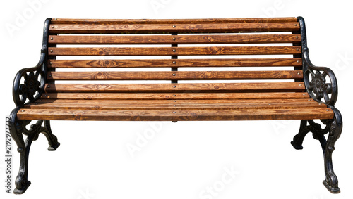 Fotografie Wooden park bench with ornate cast iron legs, isolated on transparent background
