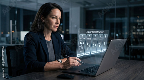 A focused businesswoman interacts with a futuristic holographic display, showcasing talent acquisition data in a dimly lit modern office, conveying innovation and advanced technology.