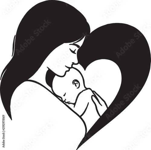 Graphic silhouette of mother holding sleeping baby in heart with silhouette sleeping nurturing parenting maternal cradling togetherness illustration minimalist affection connection