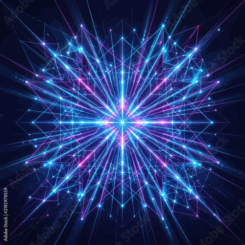 Qubit grid expanding outwards, abstract digital network illustration with glowing nodes and lines