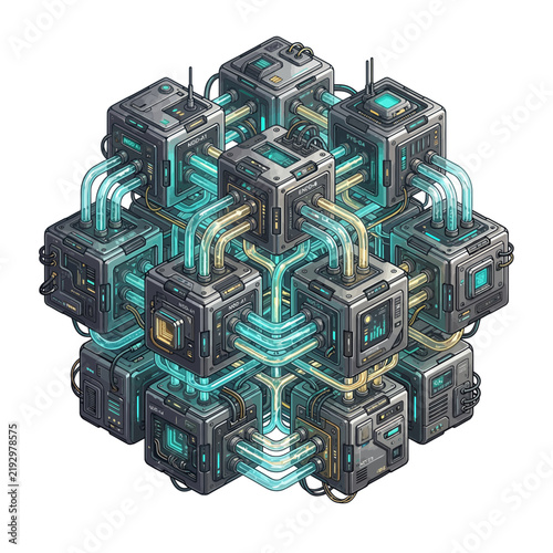 Tech blocks forming a sphere, intricate futuristic design with glowing blue conduits and complex