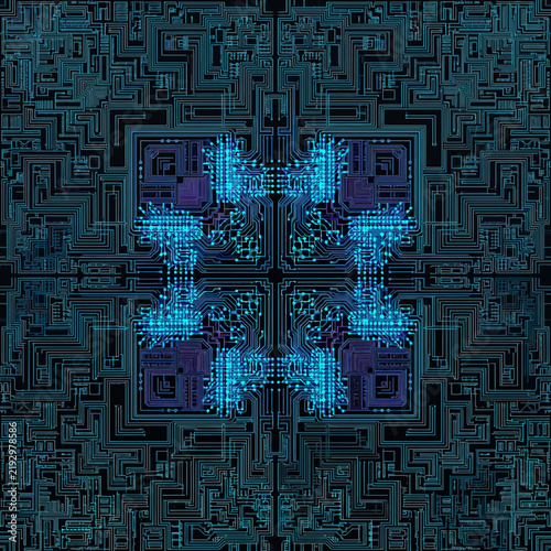 Silicon processor die with intricate circuit patterns and glowing nodes featuring technology