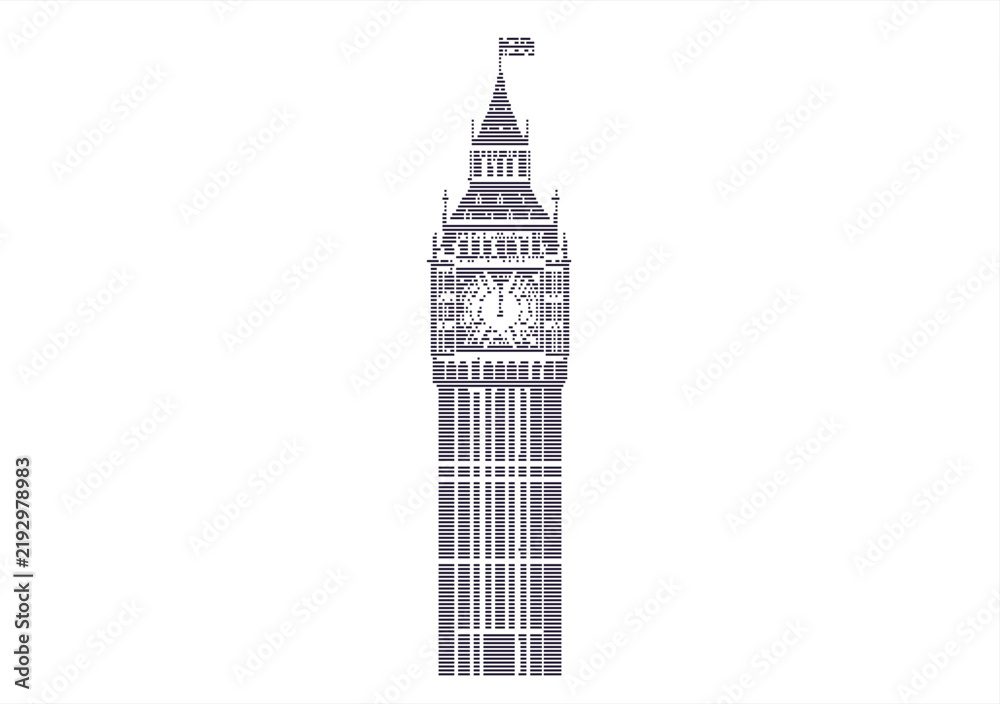 Fototapeta premium Abstract Geometric Big Ben Vector Design Modern Striped London Landmark Illustration on Clean White Background Minimalist Architectural Landmark Art Print.