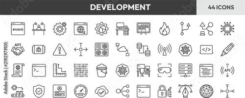 Set of development line icons highlighting software engineering and tech