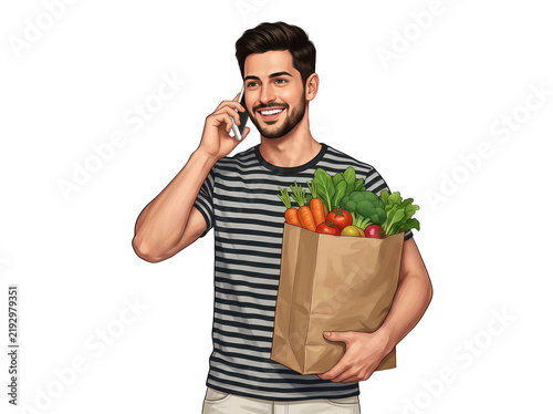 Illustration of a man talking on phone and holding grocery bag isolated on transparent background
