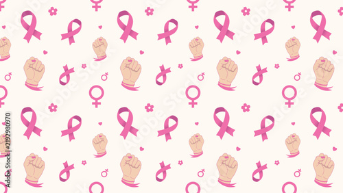 Breast Cancer Awareness Seamless Pattern with Pink Ribbons, Female Fists and Cherry Blossoms