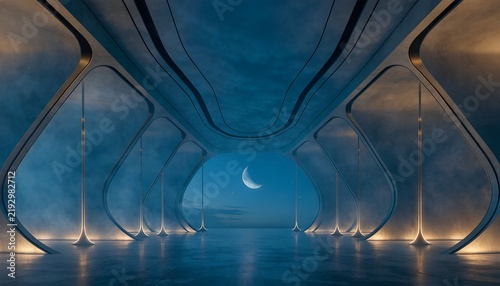 Futuristic interior hall with moon visible through the arched opening at night