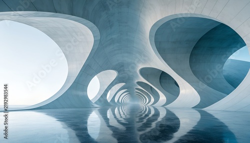 Perspective view through a modern white concrete tunnel with circular openings