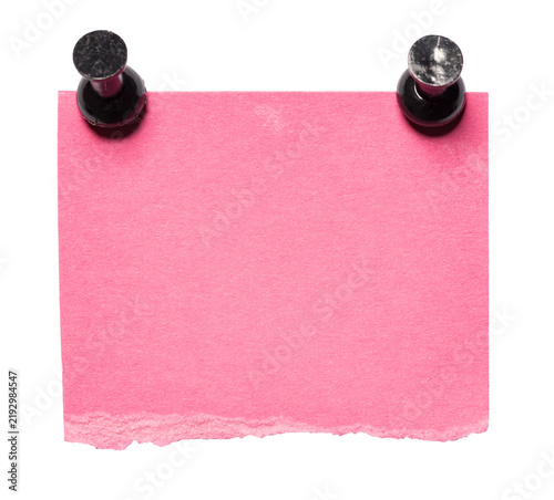 Isolated pinned torn ripped pink paper note with two pins or thumbtacks with copy space for text, transparent png background design element