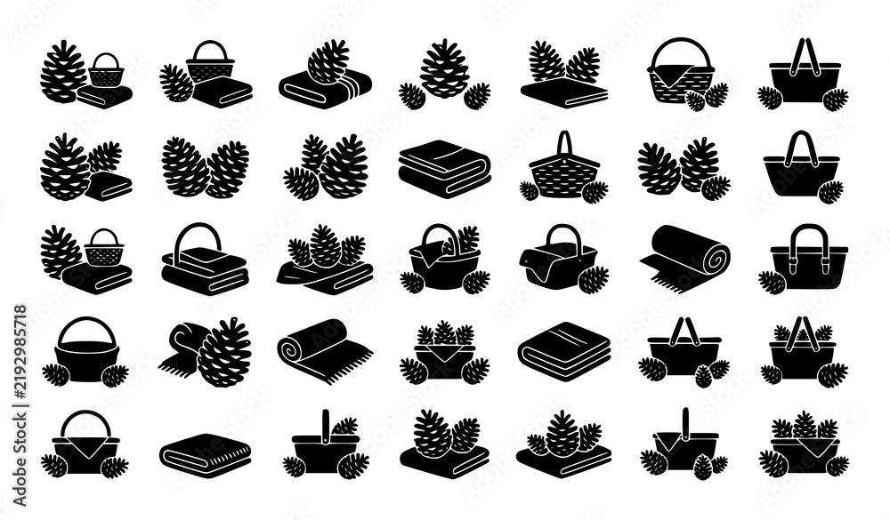 Obraz premium Minimal Pinecone Blanket and Basket Black Filled Vector Icons