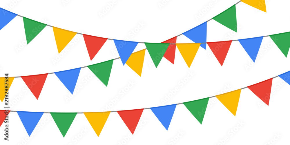 Fototapeta premium Colorful festive pennant garlands with triangular flags creating cheerful party atmosphere vector illustration collection. Bright birthday bunting banners for a festive decor background.