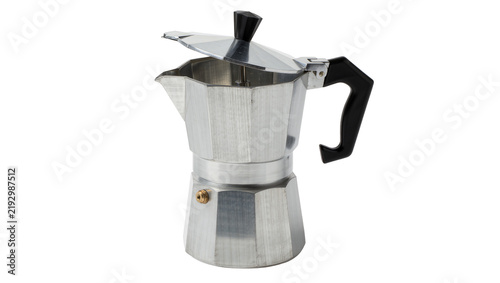 Fotografie Aluminum stovetop espresso maker with black handle, isolated on transparent back