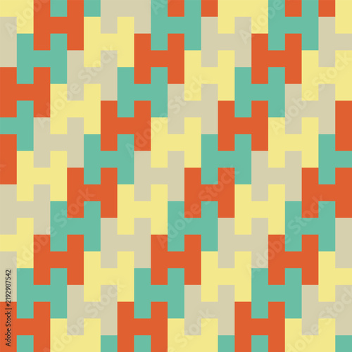 Seamless pattern created from interlocking ecru, pale yellow, turquoise and orange letter H
