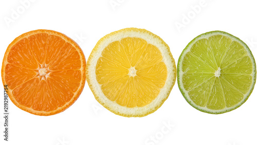 Orange lemon and lime slices arranged in a row, isolated on transparent background