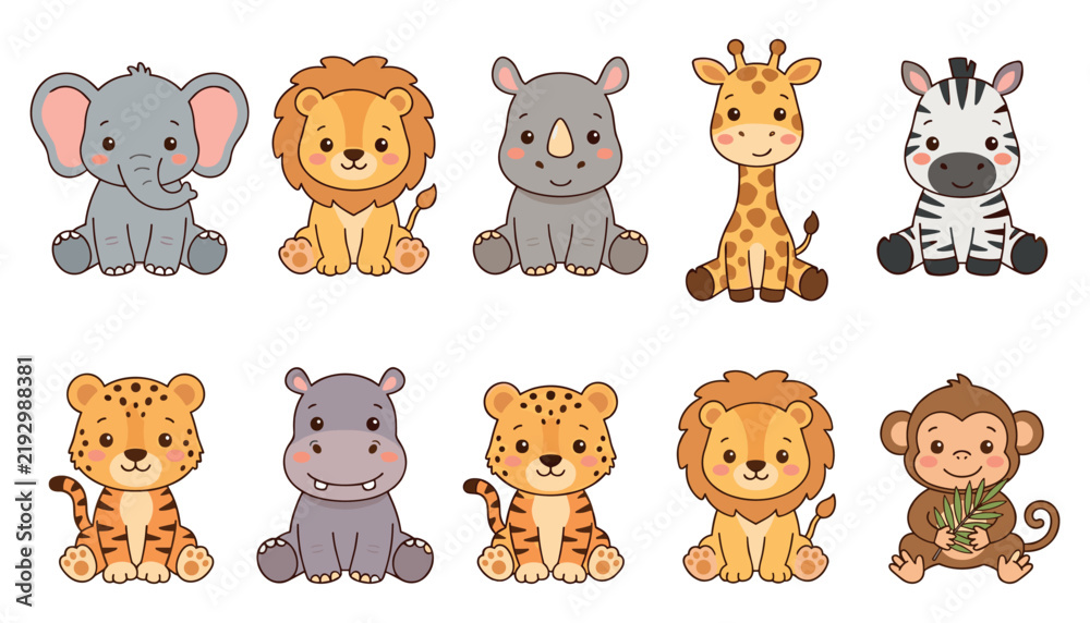 Obraz premium Cute Safari and Jungle Baby Animal Vector Icon Set with Lion, Rhinoceros, Giraffe, Hippopotamus, and Leopard for Children Book Illustration and Birthday Decor Designs