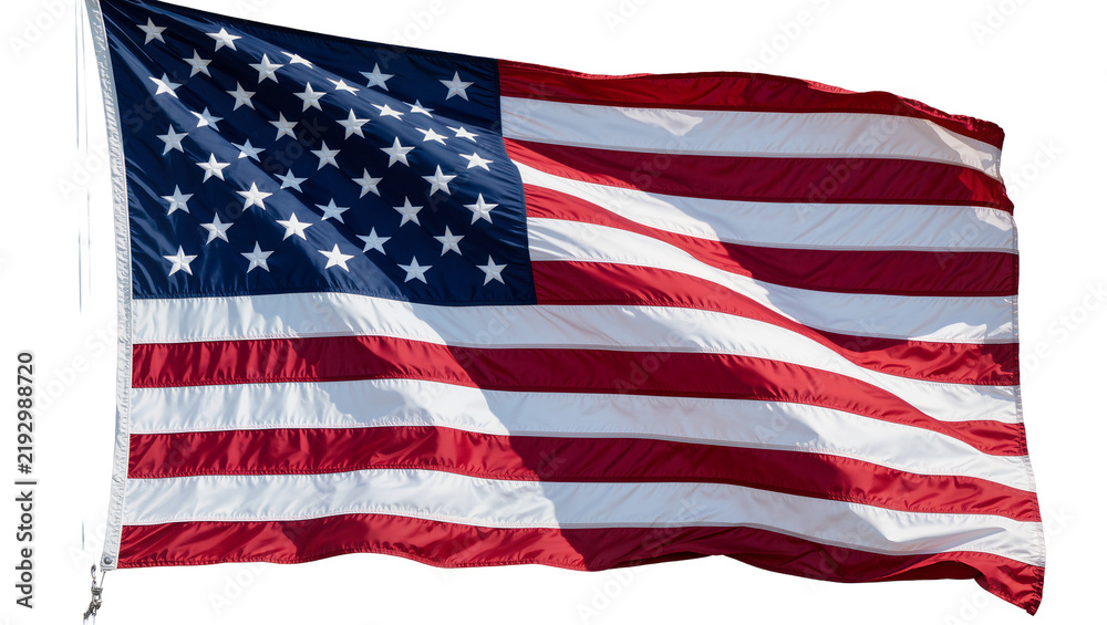 Fototapeta premium Waving American flag with stars and stripes, isolated on transparent background