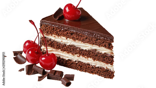 Decadent chocolate cake slice with whipped cream and cherries, isolated on transparent background