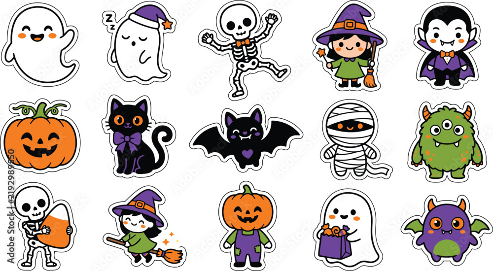 Fototapeta premium Halloween-themed flat icons set featuring jack-o'-lantern, ghost, and bat with editable strokes for seasonal marketing