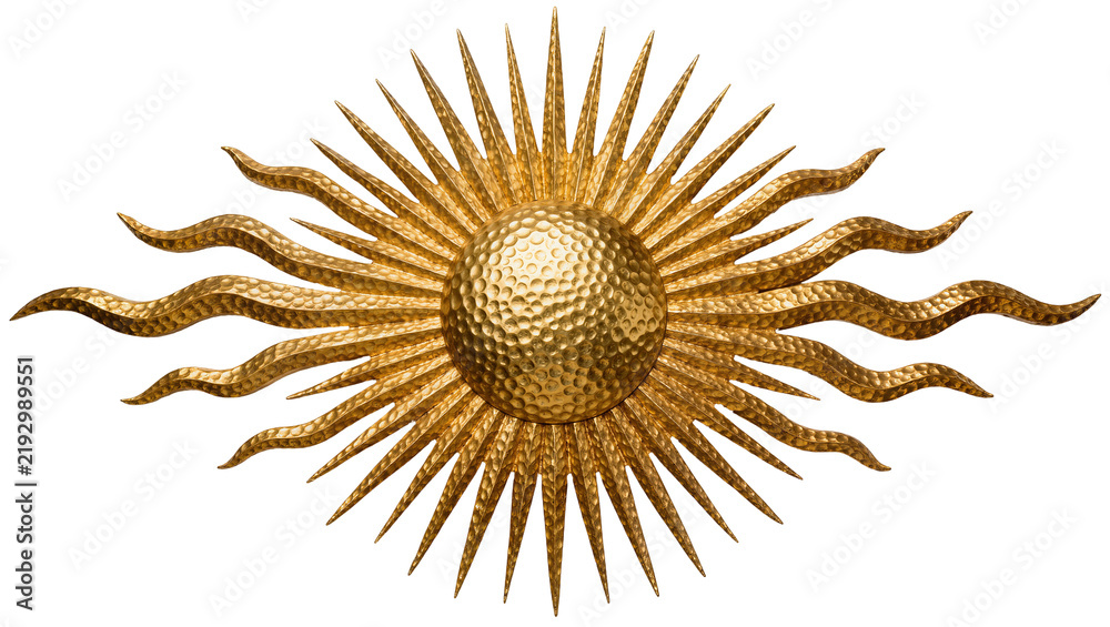 Fototapeta premium Hammered golden sunburst sculpture with wavy rays, isolated on transparent background