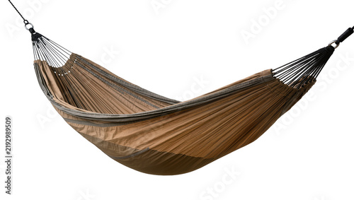 Bild auf Leinwand Brown and grey camping hammock with black suspension ropes, isolated on transpar