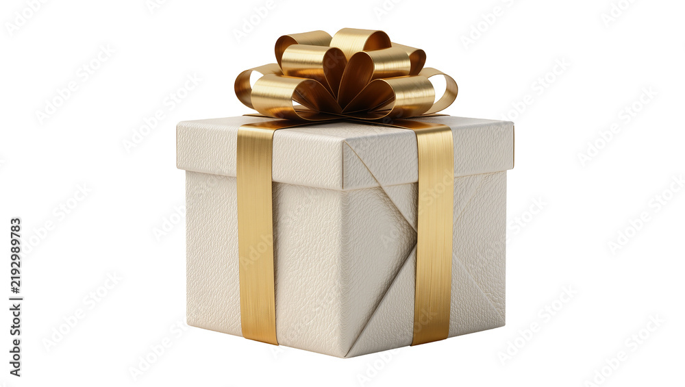 Obraz premium Square cream gift box with gold ribbon and bow, isolated on transparent background