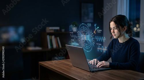 A young woman is diligently working on her laptop, with a futuristic holographic display of data and science concepts emerging from the screen, suggesting advanced learning or innovation.
