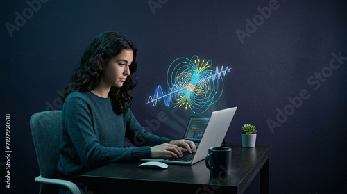 A young woman intently works on her laptop, a holographic display of complex scientific data hovering above, symbolizing innovation and digital discovery.