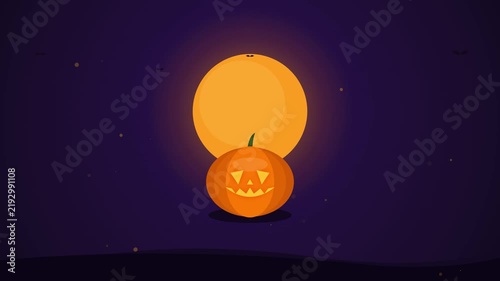 Spooky Halloween Night Happy JackoLantern Under Big Full Moon with Bats.