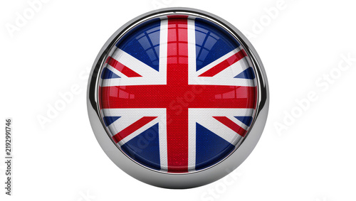Glossy United Kingdom flag badge with chrome rim, isolated on transparent background