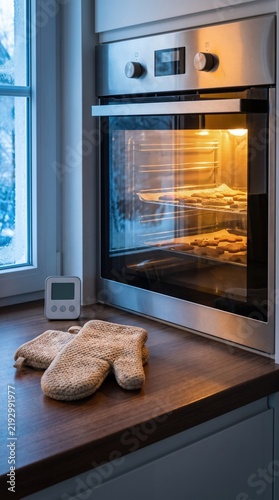 Gingerbread cookies baking inside modern oven with kitchen timer on counter. Warm golden light illuminates the festive treats on metal racks in a cozy home kitchen.
