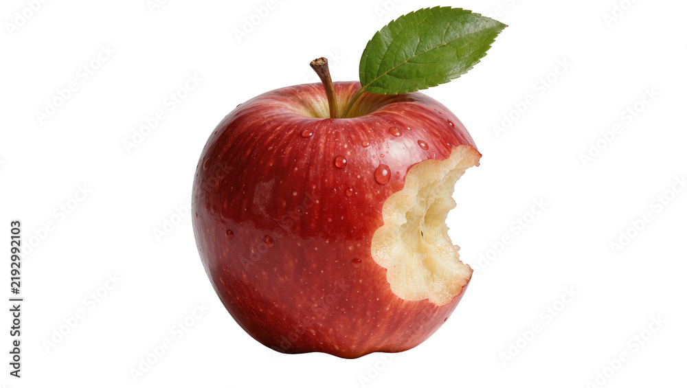 Obraz premium Bitten red apple with green leaf and water droplets, isolated on transparent background