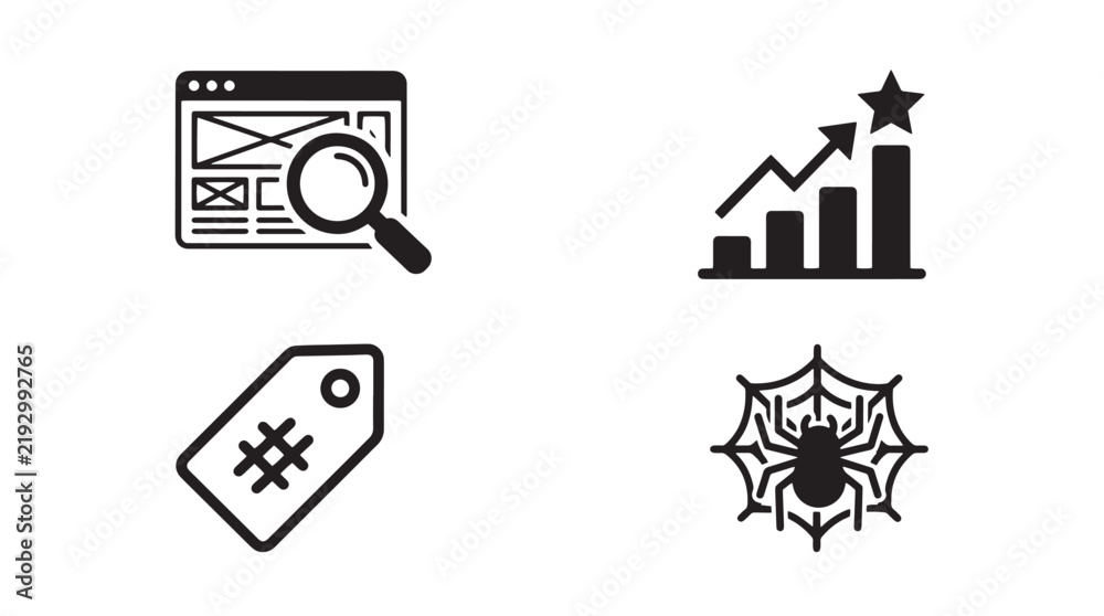 Obraz premium Set of four black line icons featuring search engine optimization, business growth chart, digital marketing tag, and web spider crawl for website development and digital strategy projects on