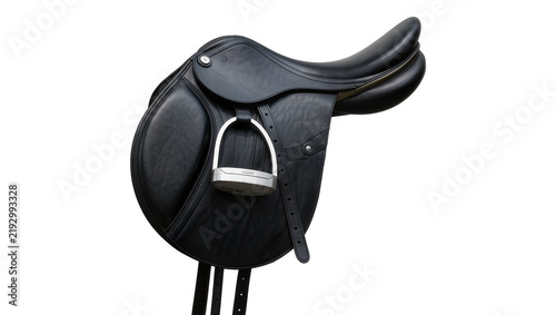 Canvastavla Black leather equestrian saddle with silver stirrup, isolated on transparent bac