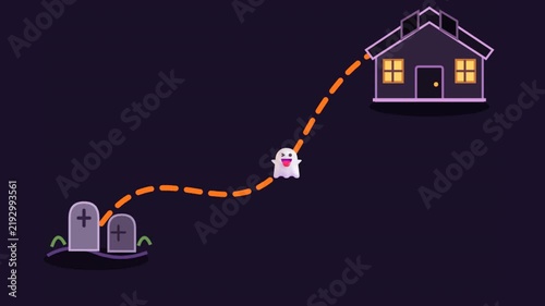 Spooky Halloween Path with Cute Ghost with Graveyard, and and Haunted House.