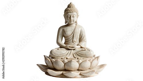 фотографія Serene Buddha statue with cracked texture sitting on lotus flower, isolated on t