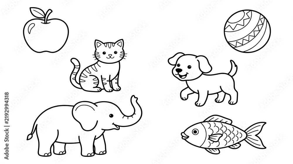 Obraz premium Set of cute animals and objects for children coloring page featuring a cat, dog, elephant, fish, apple and a ball