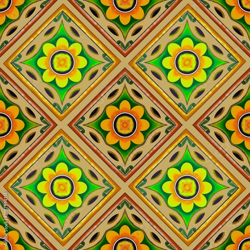 Illustration of Colorful geometric flower seamless pattern.