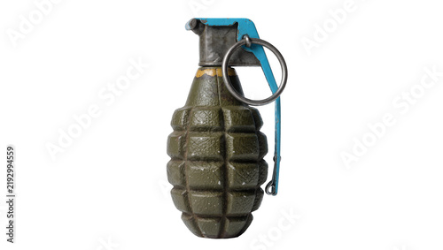 Obraz na plátně Olive green fragmentation hand grenade with blue lever and metal ring, isolated