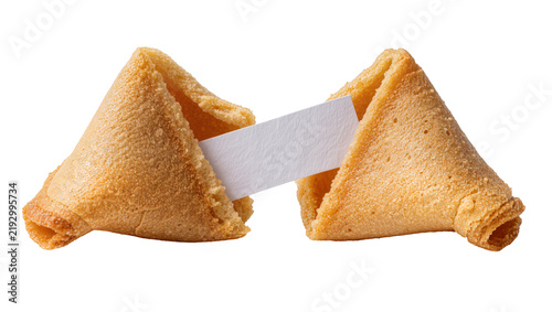 Two golden fortune cookies with blank paper strips, isolated on transparent background