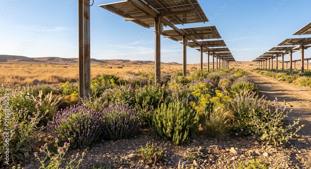 Fototapeta premium Solar panels integrated with vibrant pollinator garden in arid landscape showcasing sustainable energy and biodiversity